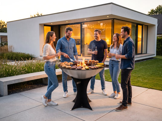Friends gathered around the Arteflame 40-inch Platinum Series stainless steel grill cooking smash burgers at a modern home