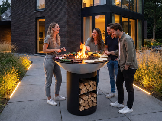 Friends making tacos together at the Arteflame 40-inch Platinum Series stainless steel grill with storage base on an evening terrace