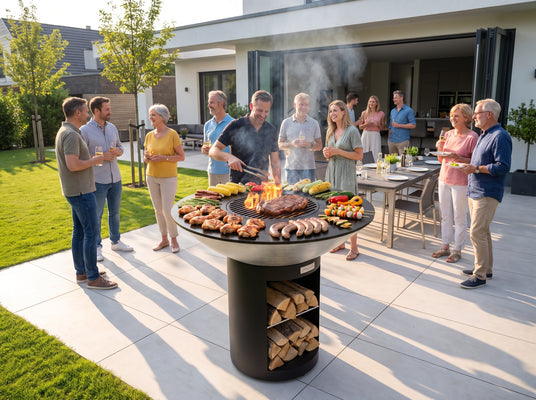 Backyard party around the Arteflame 40-inch Platinum Series stainless steel grill with black storage base at a modern home