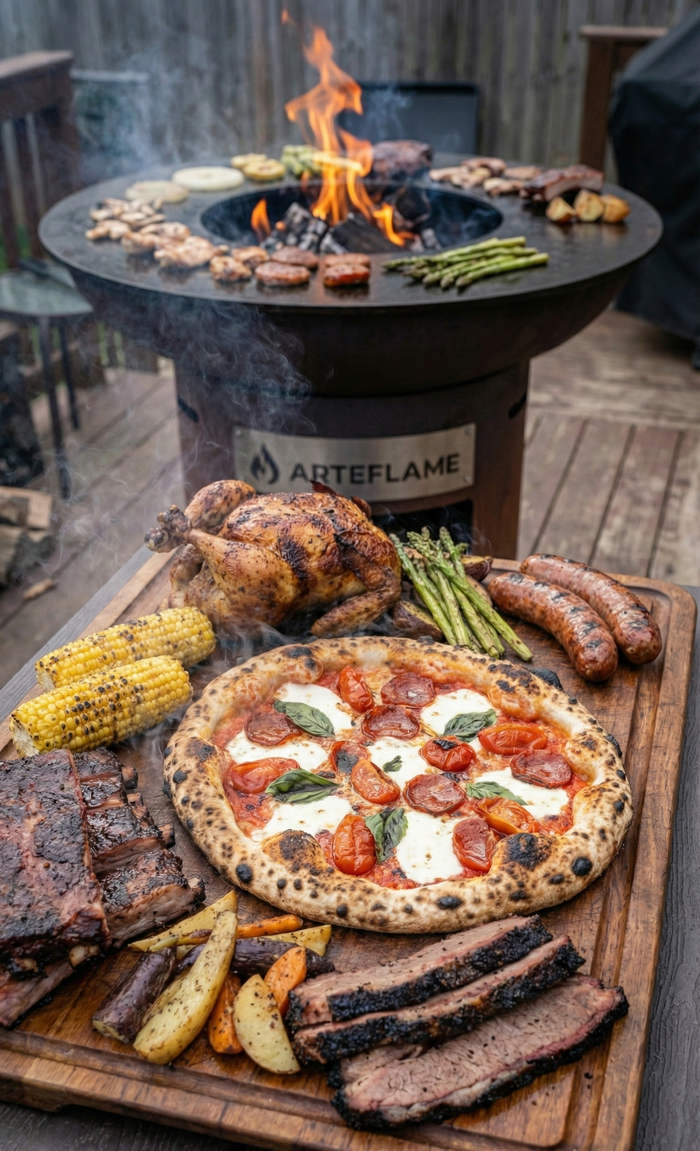 Outdoor cooking scene with a pizza, meats, and vegetables on a cutting board in front of an Arteflame fire pit.