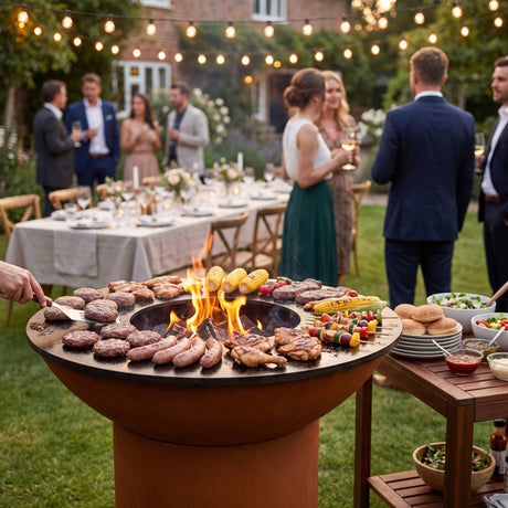 Arteflame flat-top grill with a round Corten steel base loaded with burgers, sausages, chicken, corn and skewers at a backyard garden party
