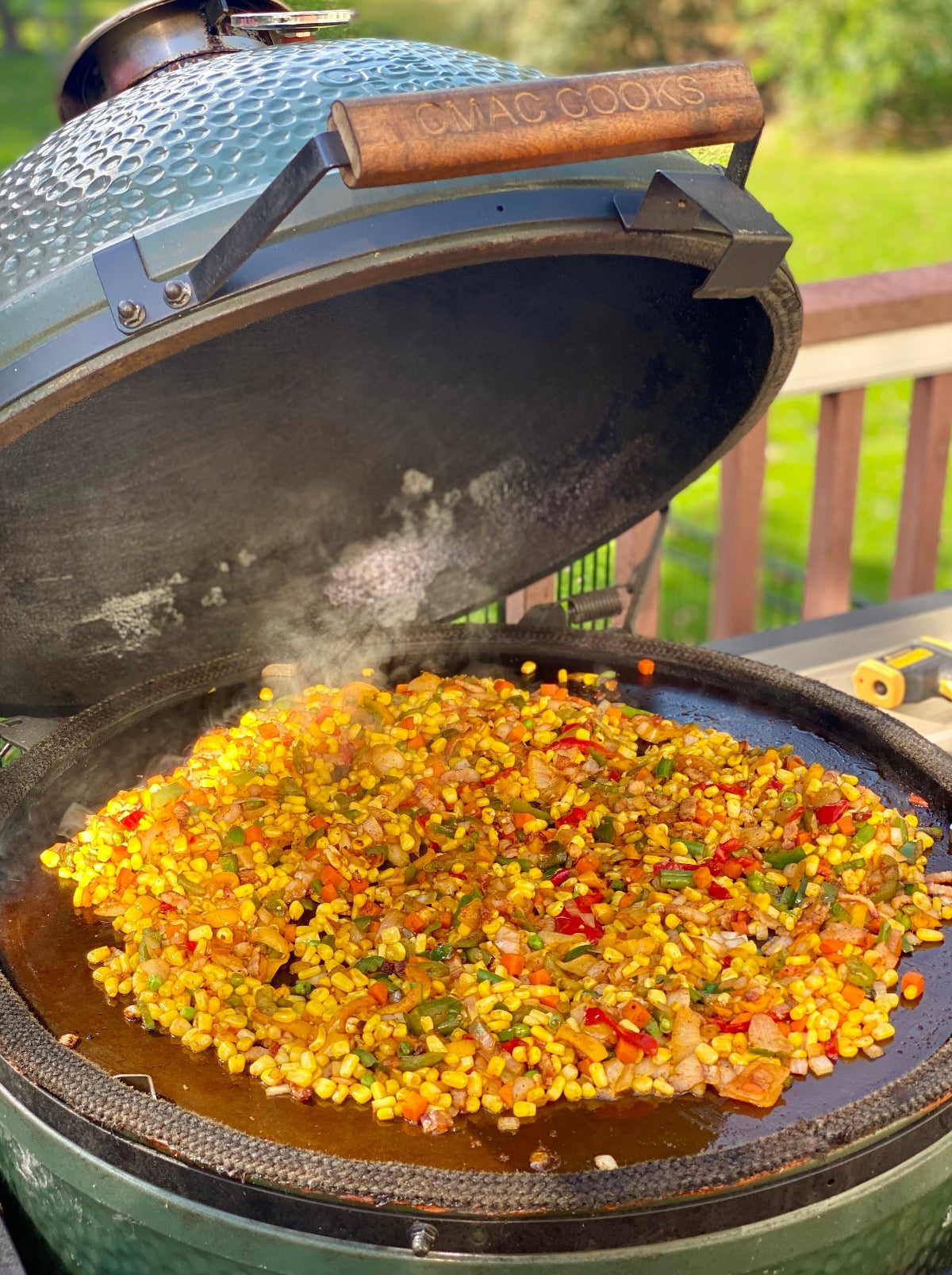 Flat Top Griddle Grill In Green Egg Full of Corn