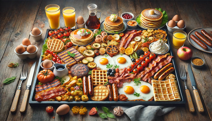 large tray filled with a wide variety of breakfast foods