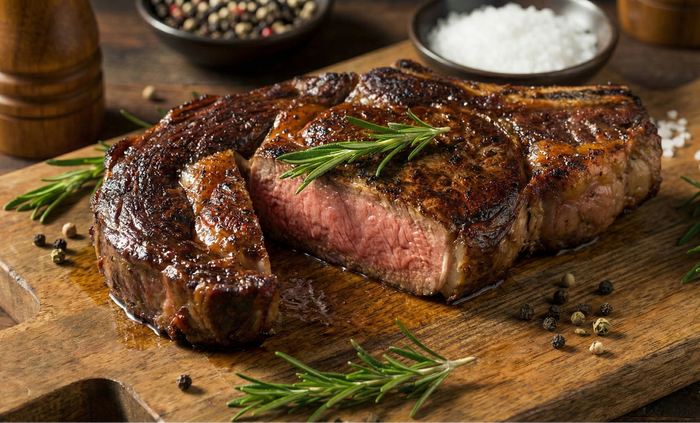 Grilled steak on a wooden cutting board with rosemary and spices