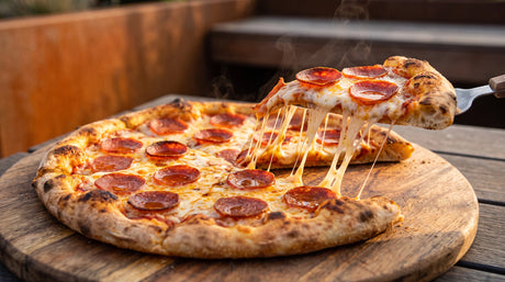 Pepperoni pizza slice with a stretchy mozzarella cheese pull - Arteflame Pizza Oven Kit