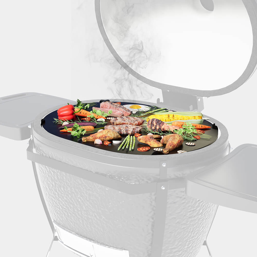 Primo XL Griddle with food, the best Primo accessory