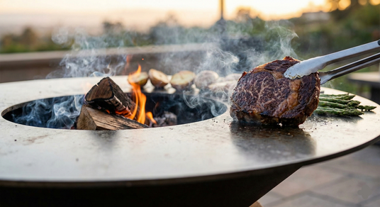 Grilled steak being cooked over an open fire pit with flames and smoke.