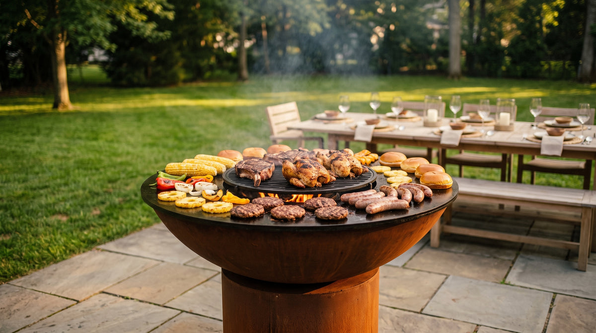 Arteflame Classic 40-inch wood-fired grill with a round Corten steel base, its black steel cooktop loaded with steaks, burgers, sausages, corn and vegetables for a backyard cookout