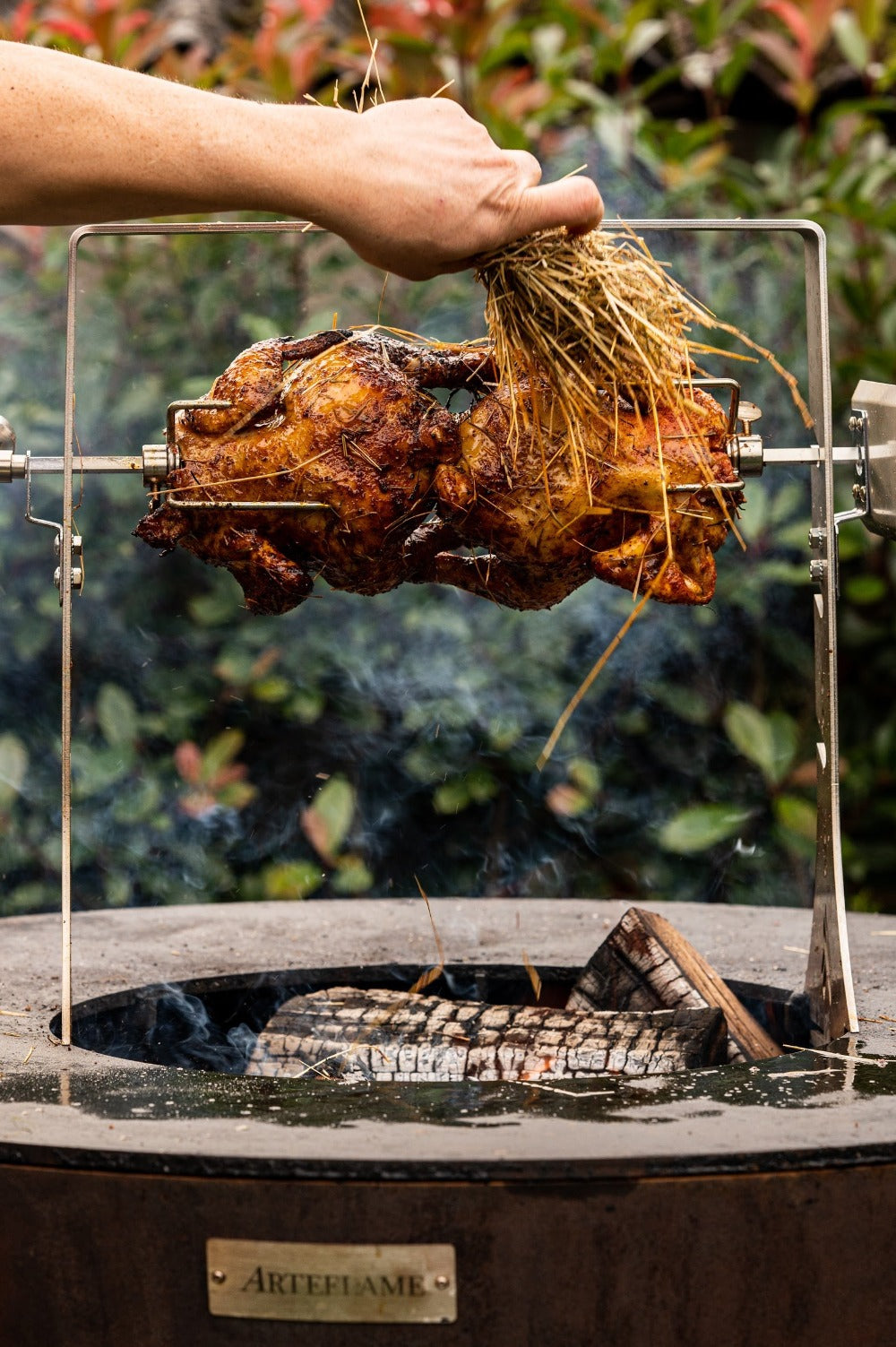 Versatile rotisserie cooking on a grill.