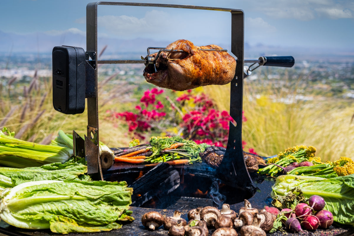 Versatile rotisserie cooking on a grill.